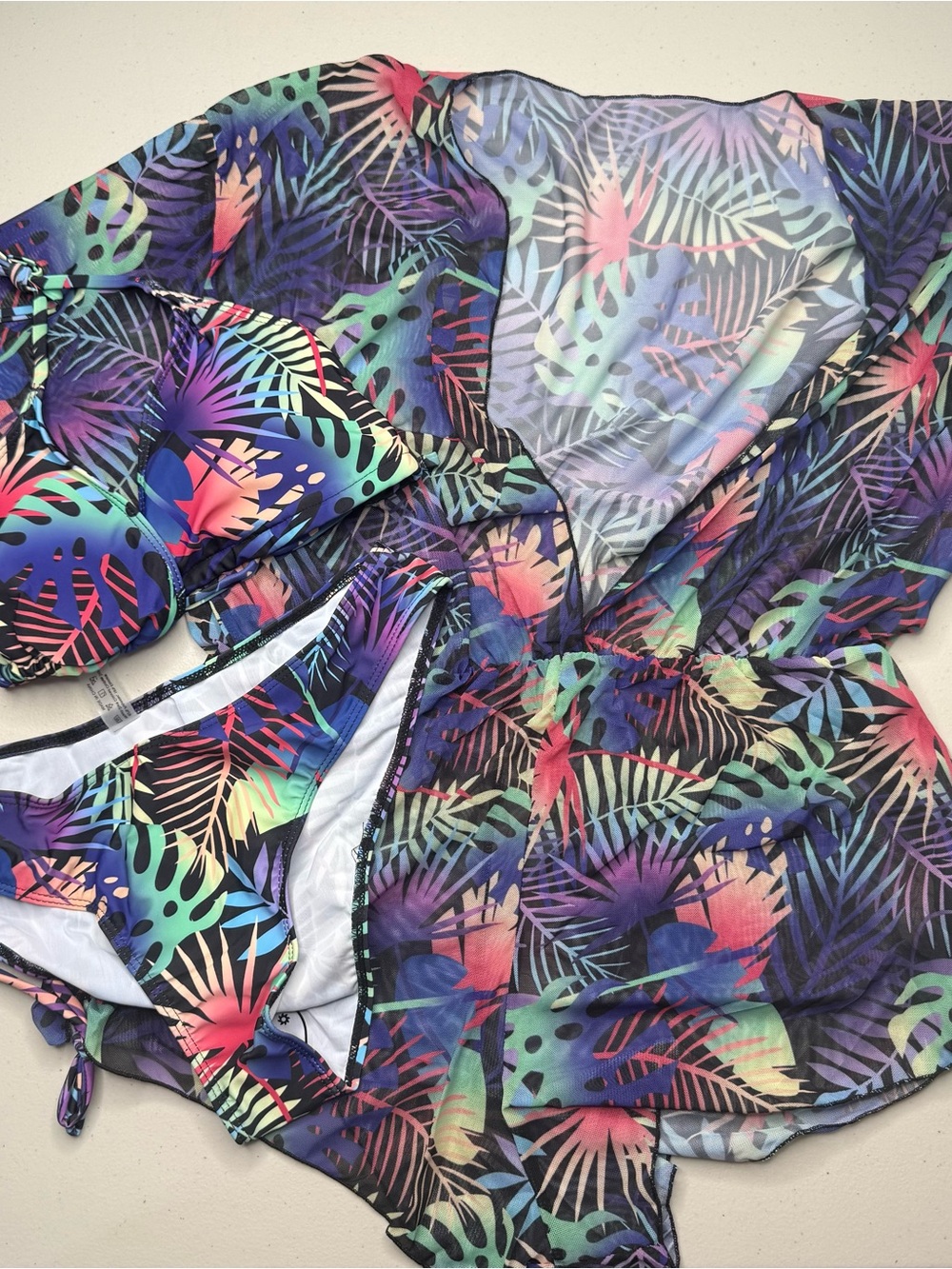 Tropical 3 Piece Bikini & Sheer Cover Up Romper Size Medium New